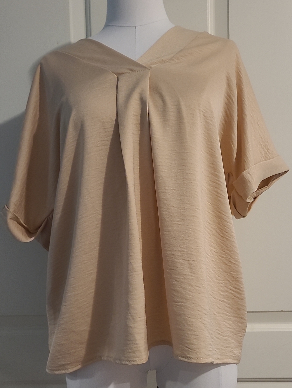 NWOT 2Hearts Beige Cuff Sleeve V Neck Beige Blouse